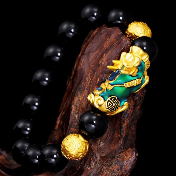 Color Changing Pixiu Jade - Wealth & Protection Bracelet Tree of Color Black & Gold 