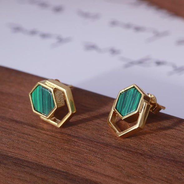 Hexagonal Inlaid Malachite Crystal Earrings