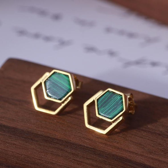 Hexagonal Inlaid Malachite Crystal Earrings